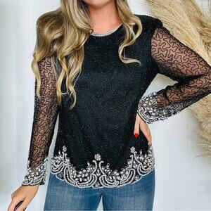 VINTAGE LAURENCE KAZAR Black White Beaded Sequins Bodycon Formal Blouse Shirt L